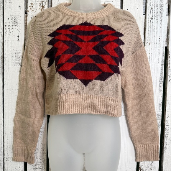 Charlotte Russe Geometric Sweater Crop Top Women’s Size Small Aztec Boho Tan Red - Picture 1 of 9